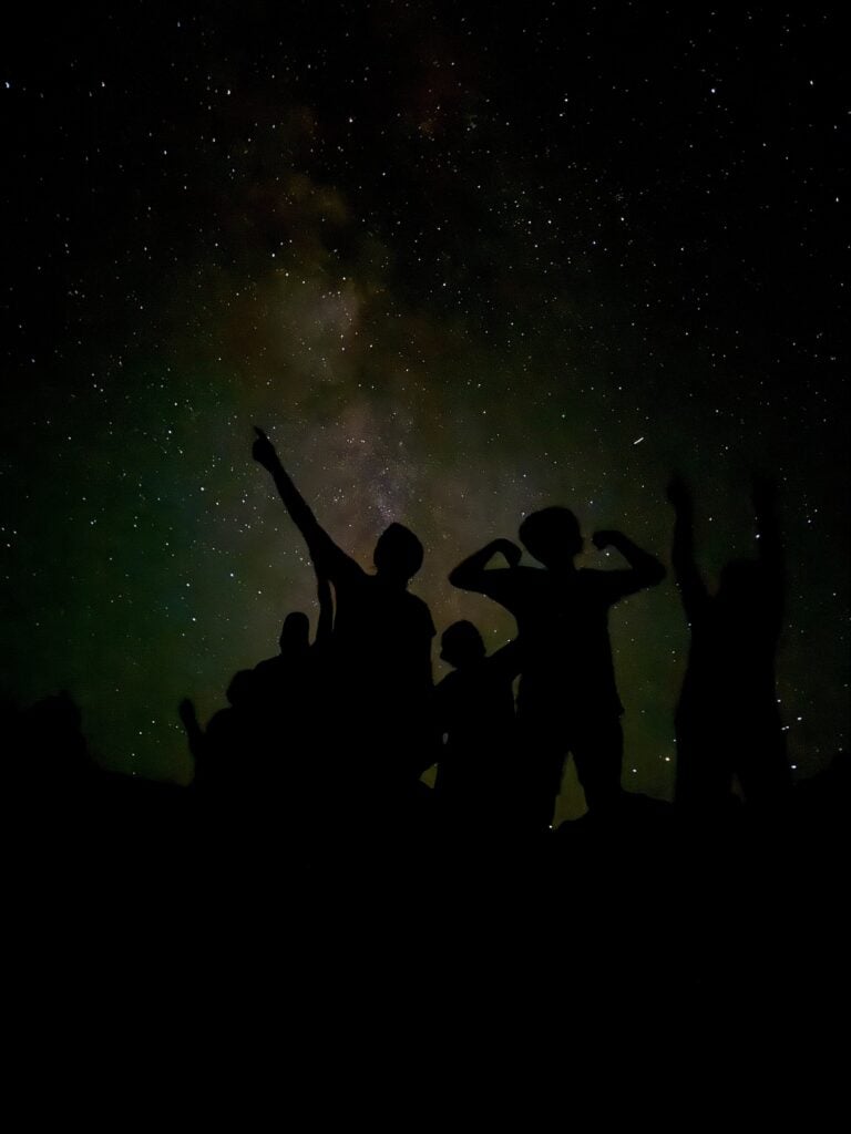 Badlands Sunset And Night Sky Tour: A Private Cosmic Journey 7 silhouettes of guests on a badlands ridge at dusk, arms raised beneath a star-filled sky and faint green-tinged milky way glow.