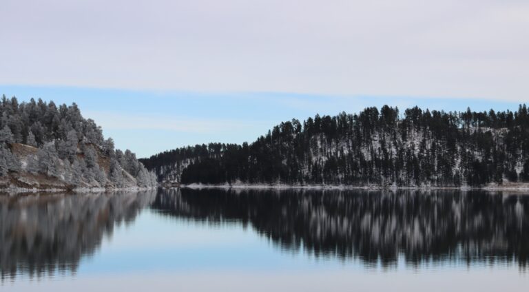 mirror-flat deerfield lake in spearfish canyon reflecting snow-covered evergreens and an overcast winter sky.