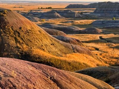 badlands yellow mounds at sunset
