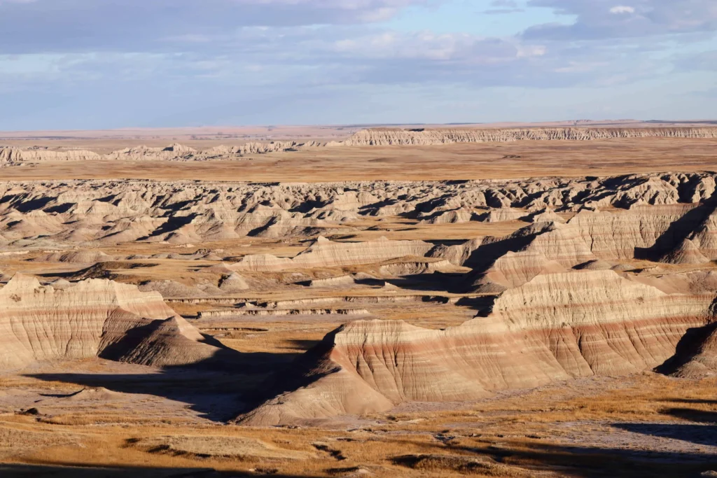 badlands golden hour view of sedimentary layering